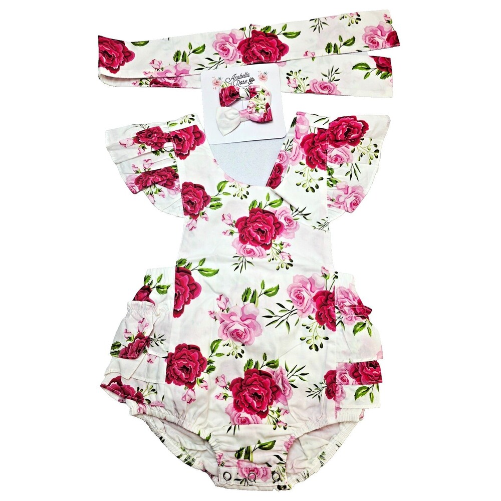 ARABELLA & ROSE 12-18M Baby Girl Summer Romper w/ Barrettes & Headwrap BRAND NEW